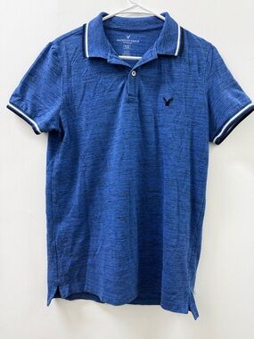 American Eagle Outfitters Men’s Heathered Blue Polo with Contrast Trim
